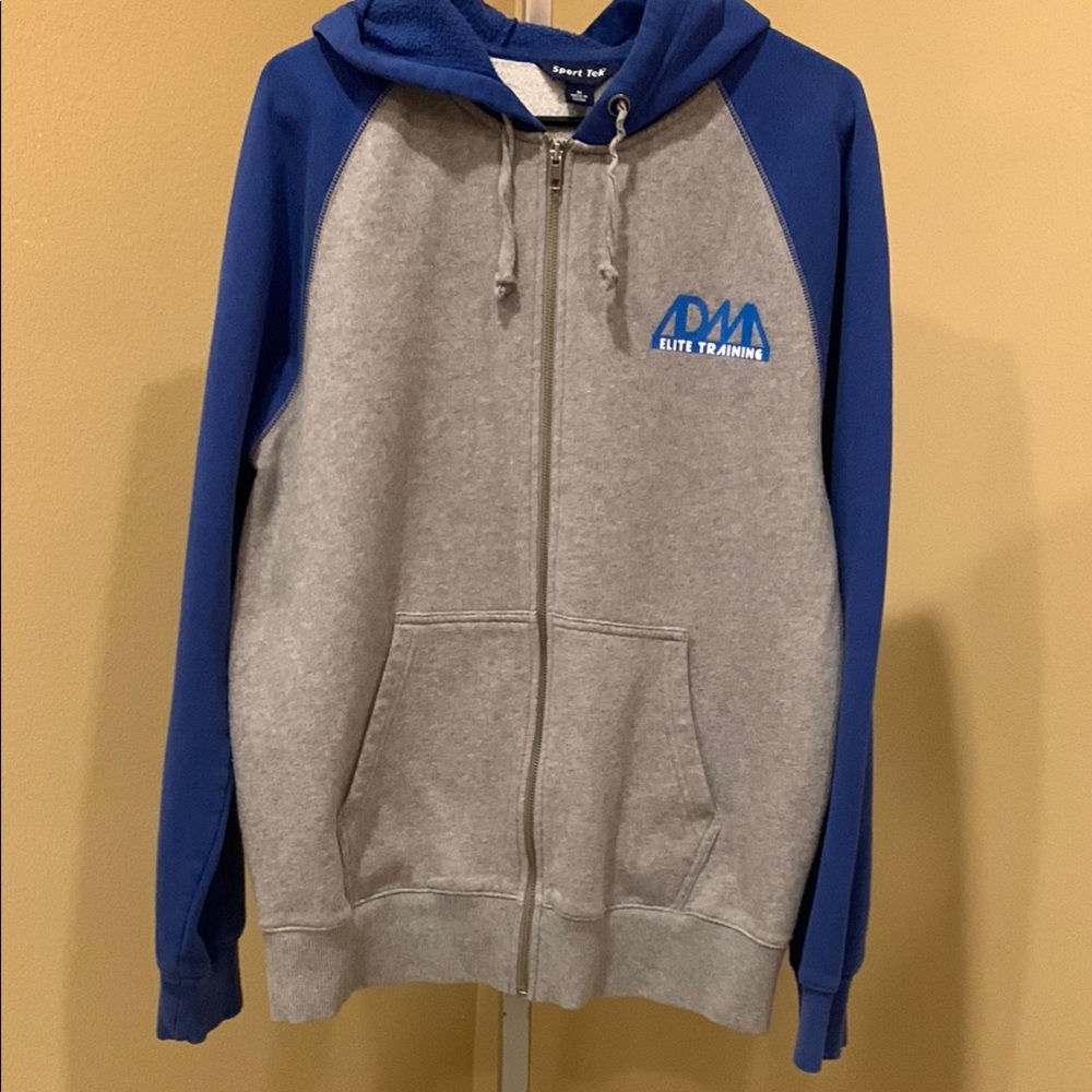 Sport Tek  men’s Gray and Blue Zip-Up Hoodie Medium